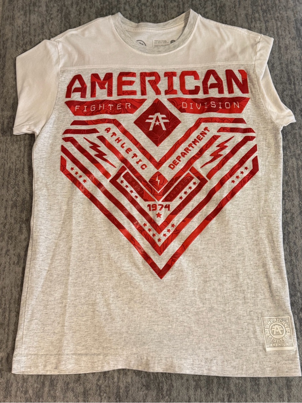 American Fighter White Tee with Red Graphic Logo